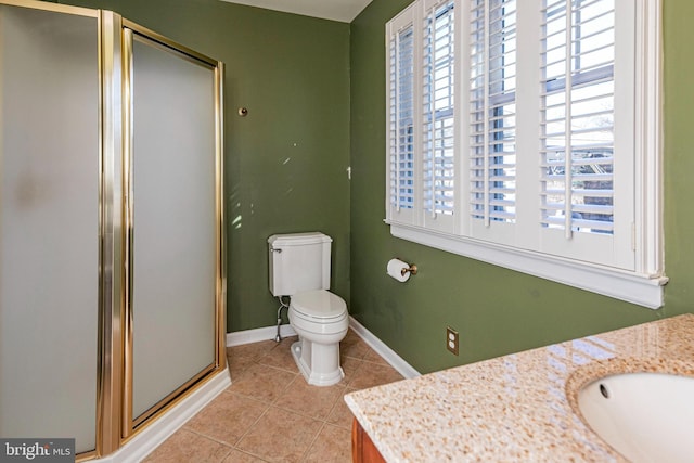 bathroom featuring toilet, tile patterned flooring, vanity, and walk in shower