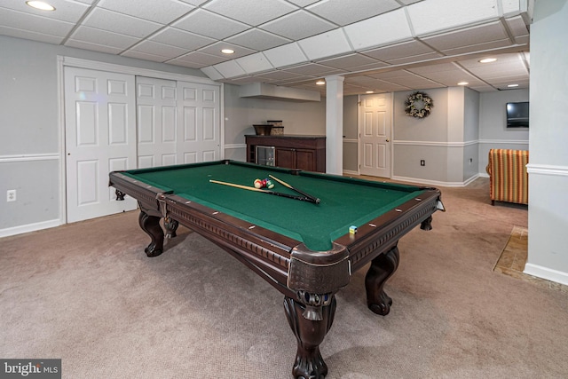 rec room with carpet and billiards