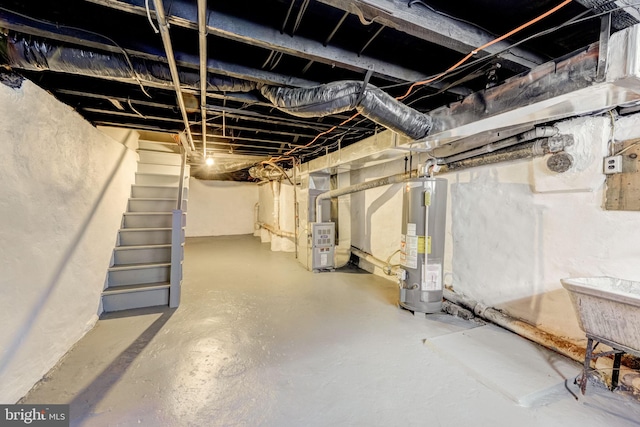 basement with heating unit and water heater