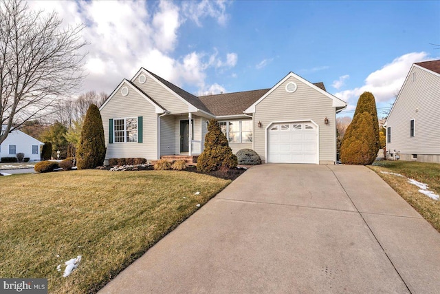 ranch-style house with a front yard and a garage