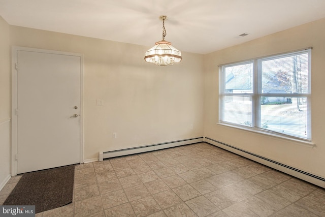 unfurnished dining area featuring baseboard heating and a chandelier