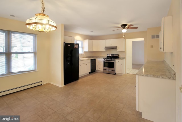 kitchen with sink, pendant lighting, white cabinets, black appliances, and ceiling fan with notable chandelier