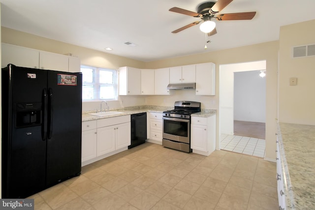 kitchen with black appliances, ceiling fan, white cabinets, and sink