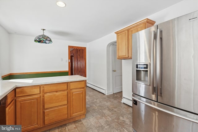 kitchen featuring dishwasher, stainless steel fridge with ice dispenser, and a baseboard heating unit