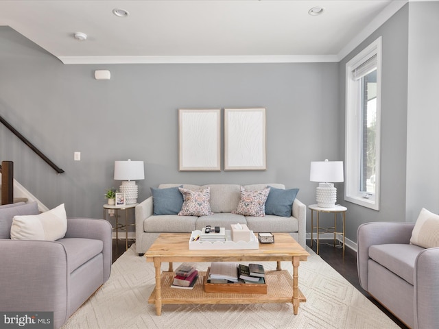 living room with ornamental molding and hardwood / wood-style floors