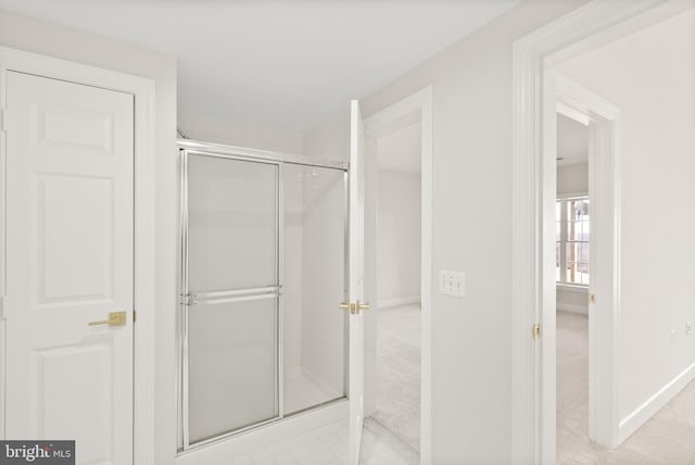 bathroom featuring a shower with door