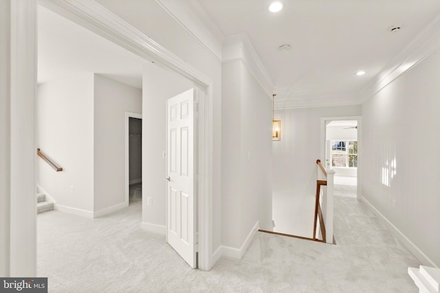 corridor with ornamental molding and light colored carpet