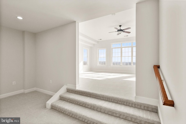 stairway with carpet floors and ceiling fan