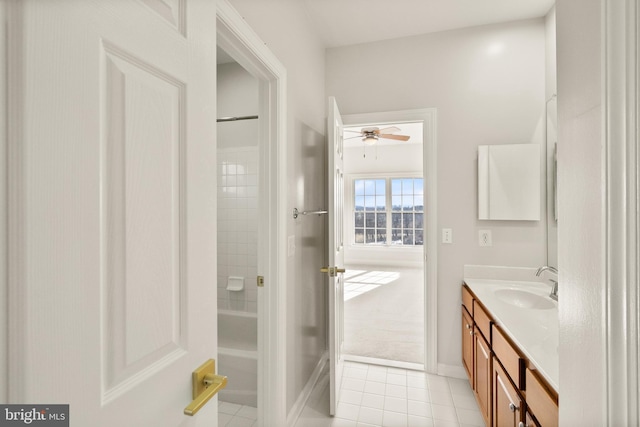 bathroom featuring ceiling fan, vanity, and tile patterned flooring