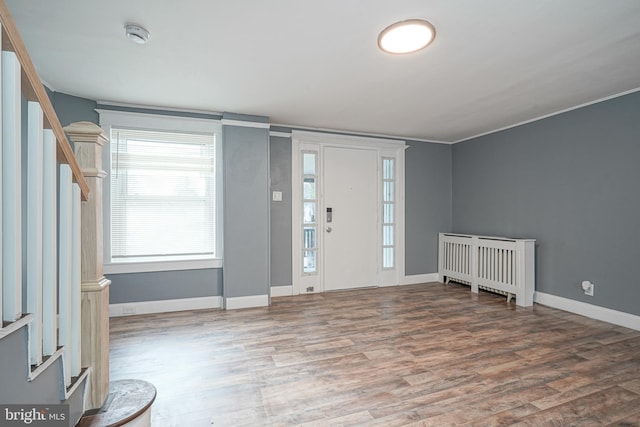 entryway with wood-type flooring and crown molding