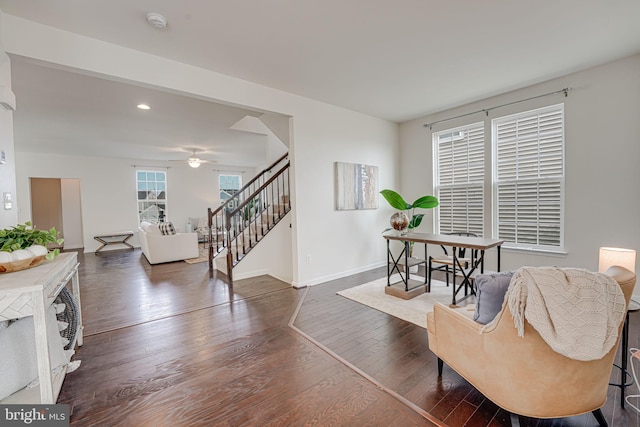 interior space featuring recessed lighting, baseboards, hardwood / wood-style floors, and a ceiling fan