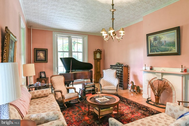 living room featuring hardwood / wood-style flooring, ornamental molding, and an inviting chandelier