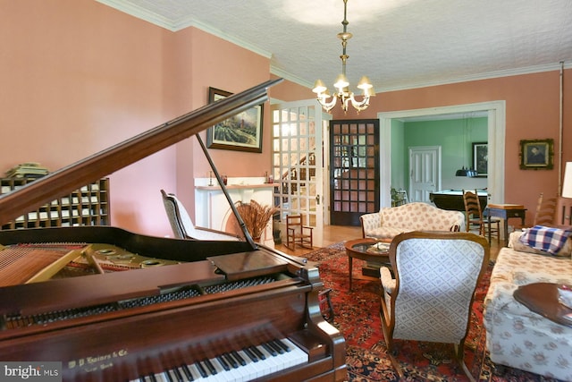 miscellaneous room with ornamental molding and a chandelier