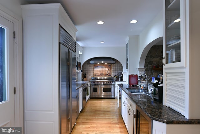 kitchen featuring decorative backsplash, premium range hood, premium appliances, sink, and white cabinetry