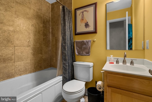 full bathroom featuring shower / bathtub combination with curtain, vanity, and toilet