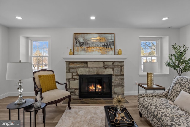 living area featuring hardwood / wood-style flooring, plenty of natural light, and a fireplace