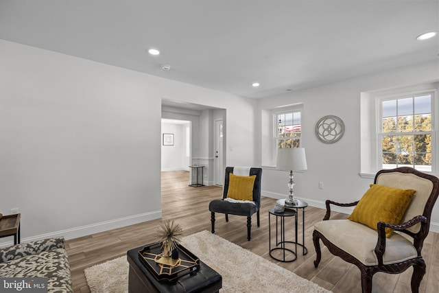 living area with a wealth of natural light and light hardwood / wood-style floors