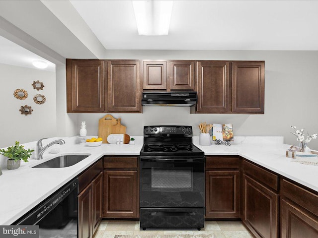 kitchen with extractor fan, dark brown cabinets, sink, and black appliances