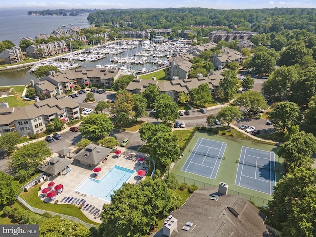 drone / aerial view with a water view