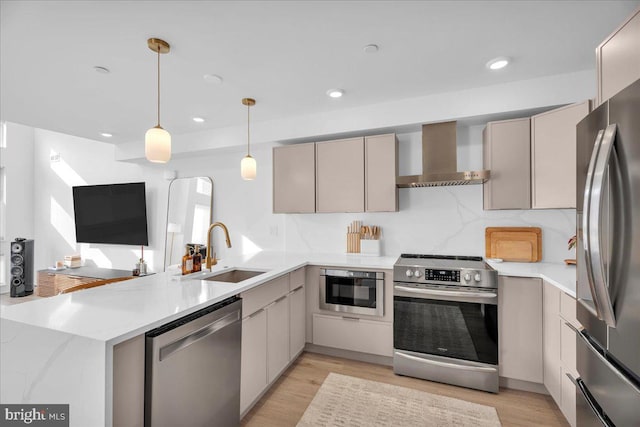 kitchen with sink, wall chimney exhaust hood, kitchen peninsula, decorative backsplash, and appliances with stainless steel finishes