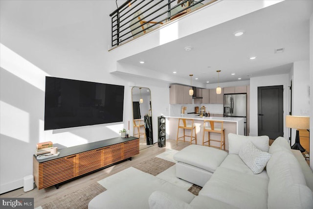 living room featuring light hardwood / wood-style floors and sink