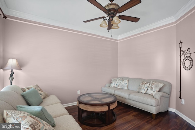 living room with ceiling fan, dark hardwood / wood-style flooring, and crown molding