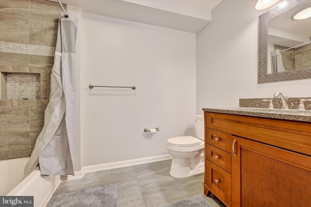 full bathroom with toilet, tile patterned flooring, shower / tub combo, and vanity