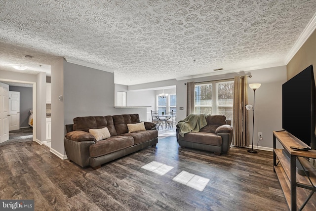 living room featuring a textured ceiling, crown molding, and dark hardwood / wood-style floors