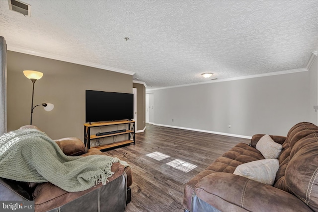 living room with a textured ceiling, crown molding, and dark hardwood / wood-style floors