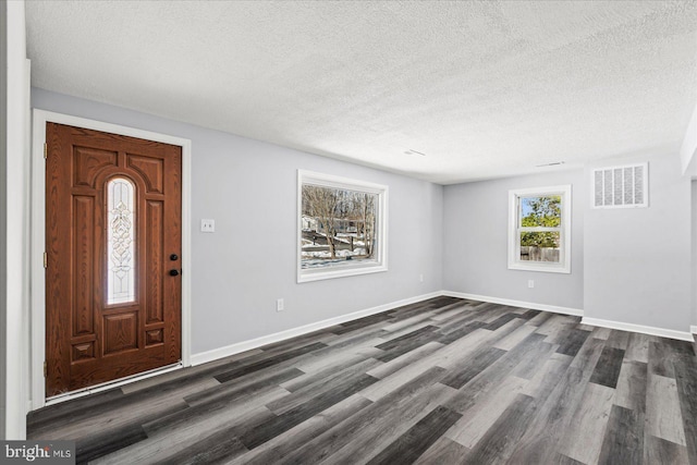 foyer with dark wood-type flooring and a textured ceiling