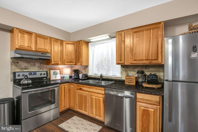 kitchen with decorative backsplash, dark stone countertops, sink, and appliances with stainless steel finishes