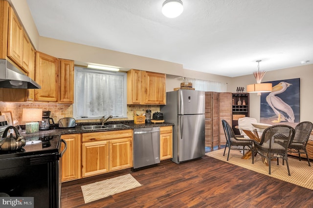 kitchen with backsplash, sink, appliances with stainless steel finishes, and dark wood-type flooring