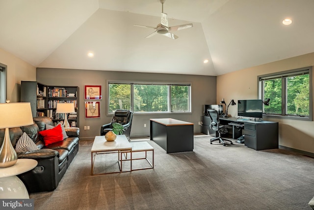 carpeted living room featuring vaulted ceiling and ceiling fan