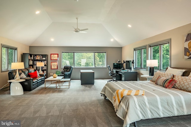 bedroom featuring carpet flooring, ceiling fan, and lofted ceiling