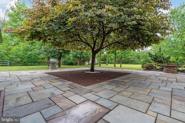 view of property's community with a lawn and a patio