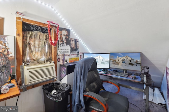 office space featuring lofted ceiling and cooling unit