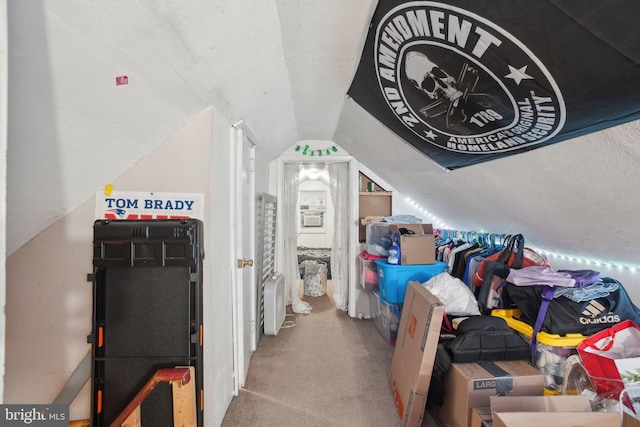 interior space featuring a textured ceiling, vaulted ceiling, and light carpet