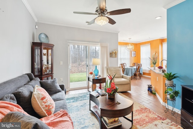 living room featuring crown molding, ceiling fan with notable chandelier, and light wood-type flooring