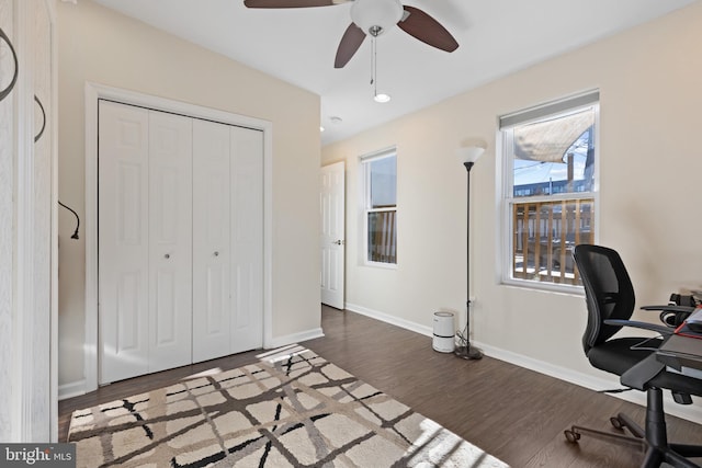 office space featuring ceiling fan and dark hardwood / wood-style floors