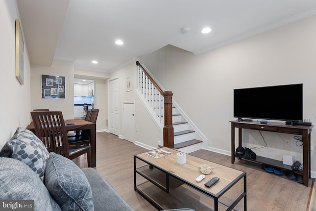 living room with wood-type flooring and crown molding