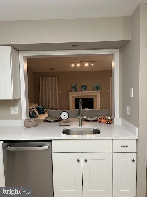 kitchen featuring white cabinetry, dishwasher, and sink