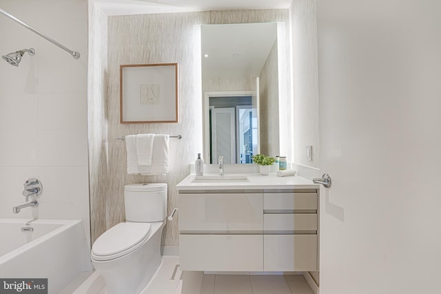 full bathroom with shower / washtub combination, tile patterned flooring, vanity, and toilet