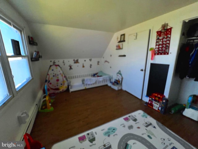 bedroom with vaulted ceiling and wood finished floors