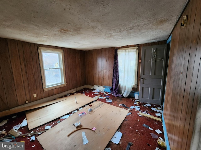 interior space featuring a baseboard radiator and wood walls