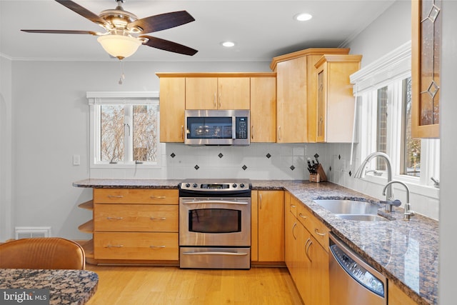 kitchen with sink, light hardwood / wood-style flooring, light stone countertops, tasteful backsplash, and stainless steel appliances