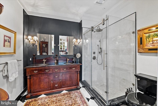 bathroom featuring ornamental molding, vanity, and a shower with shower door