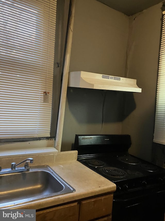 kitchen featuring sink, black range oven, and ventilation hood