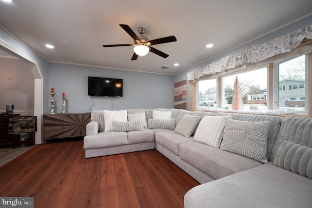 living room featuring dark wood-type flooring, ceiling fan, and ornamental molding