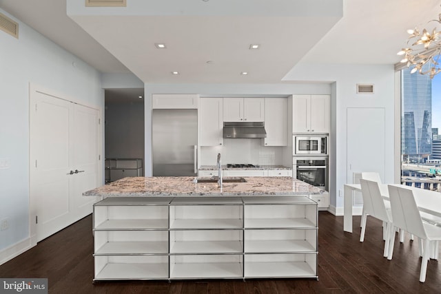 kitchen with white cabinets, sink, light stone countertops, an island with sink, and stainless steel appliances