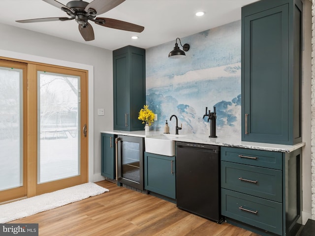 bar featuring dishwasher, sink, wine cooler, light hardwood / wood-style flooring, and ceiling fan